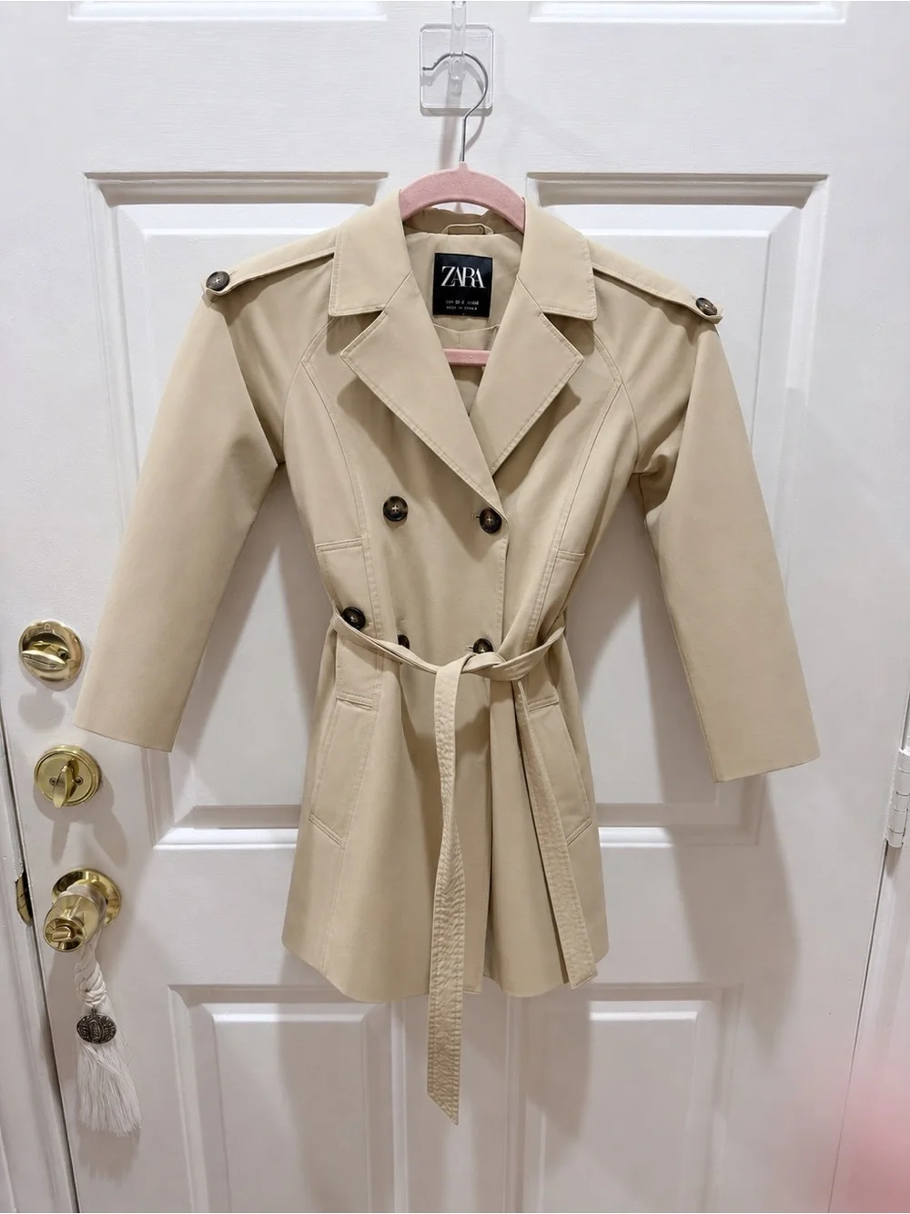 Zara Light Beige Double-Breasted Belted Trench Coat